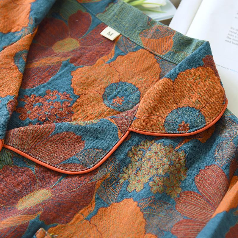 Женский жаккардовый пижамный комплект из пряжи двойного крашения: Кардиган с длинным рукавом из чистой хлопковой марли для весны, лета, осени.