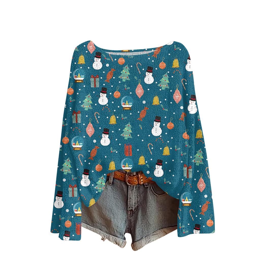 Women's Fashionable Oversized Knitwear Long-Sleeved Christmas Print Top