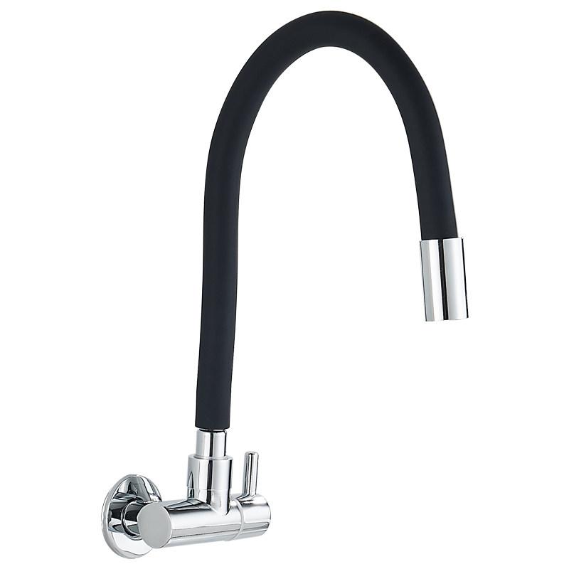 Wall Mount Brass Kitchen Faucet Flexible Black Silicone Spout Chrome Finish Modern Design Single Cold Water Tap 3-Year Warranty