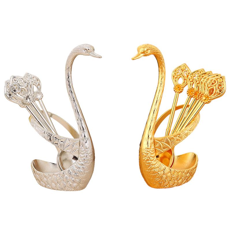 Gold/silver Retro Coffee Spoon Fruit 6 Spoons Set Cute Cygnus Shape Home Decoration Swan Dessert Spoon Tableware Kitchen Tool