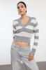 Women's Elegance Style Sweater Navy Blue Crop V-Neck Striped Knitwear Sweater