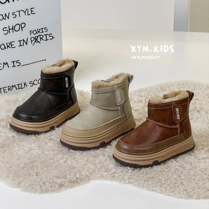 Kids Winter Warm Snow Boots Boys Girls PU Leather Thick Sole Ankle Boot Non-Slip Rubber
