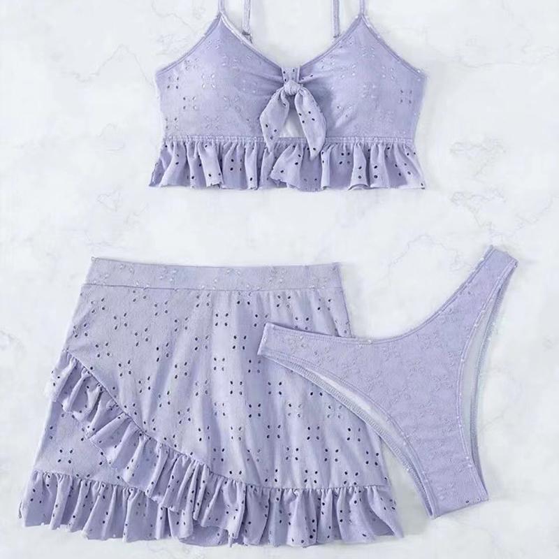 Solid Bikini Set High Waist Mesh Beach Style Swimwear Women Three-piece Flounce Summer Swimsuit Biquini Bathing Suit