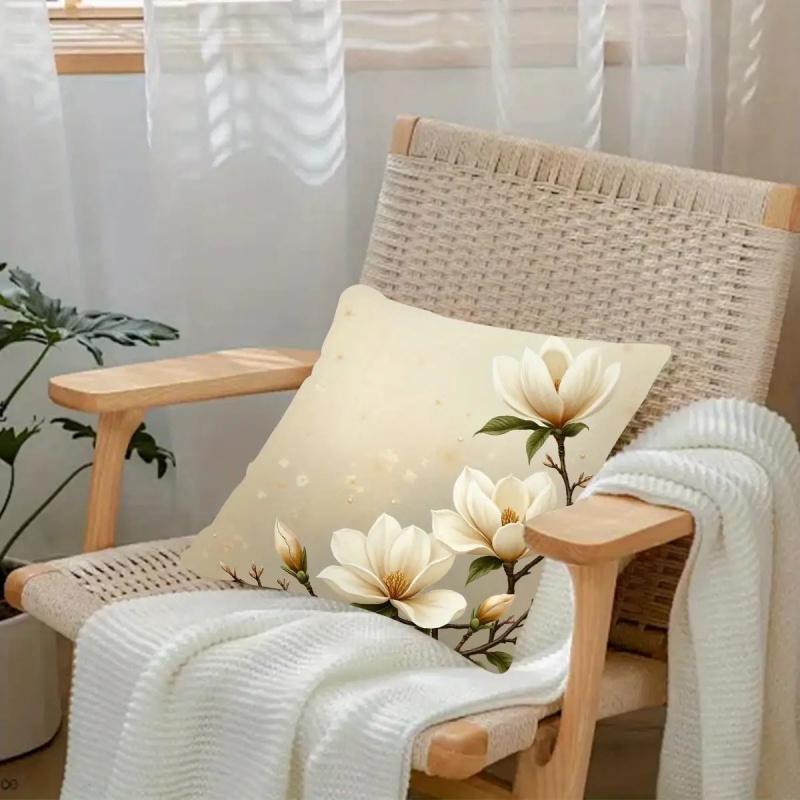 Vikama Double-Sided Magnolia Floral Cushion Cover Elegant Home Decor Pillowcase Machine Washable For Spring And Summer