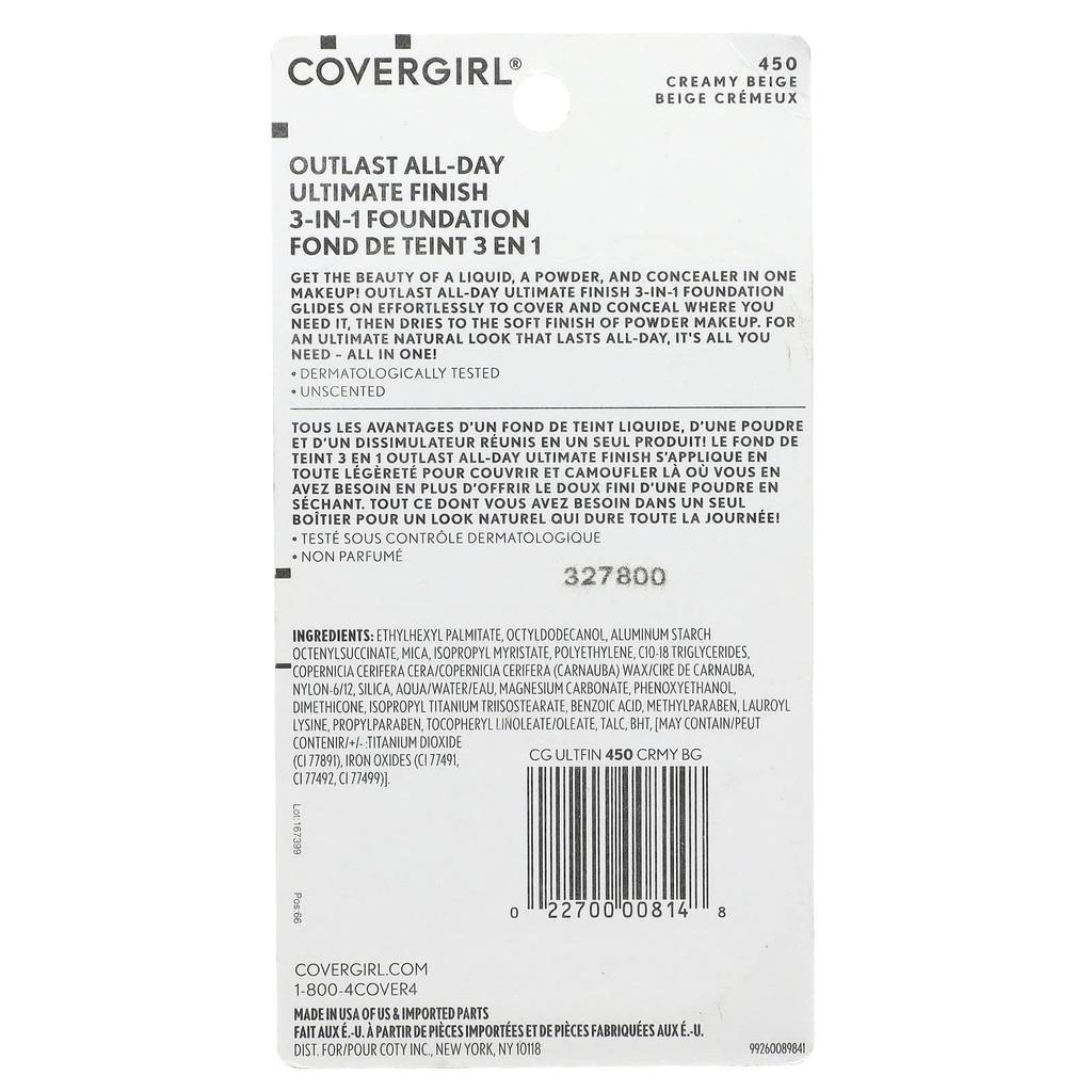 Covergirl Outlast All-Day Ultimate Finish, 3-in-1 Foundation, 450 Creamy Beige, 0.4 Oz (11 G)