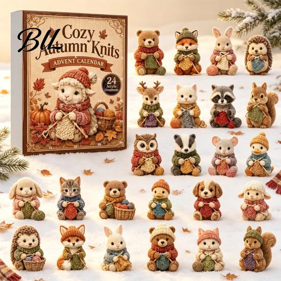 Christmas Tree Ornament Set Knitting Animal Advent Calendar, 24 Acrylic Ornaments, Cozy Autumn Knits Holiday Countdown Gift for Kids Cute Ornaments