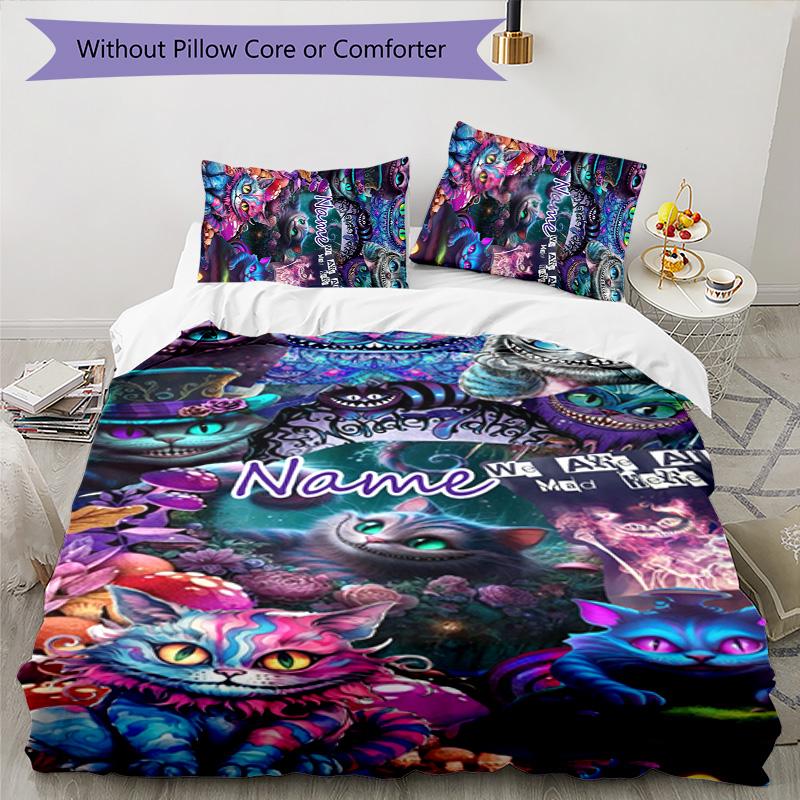 3pcs Cheshire cat1 Cover Set - Personalized Name, HD Printed Bedding with 1 Cover and 2 Pillowcases - Perfect for Home Decor, Easy Care