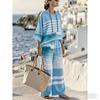 16 Women's Striped Casual V-Neck Hooded Drawstring Seven-Sleeve Wide Leg Pants Suit Vacation Bohemia