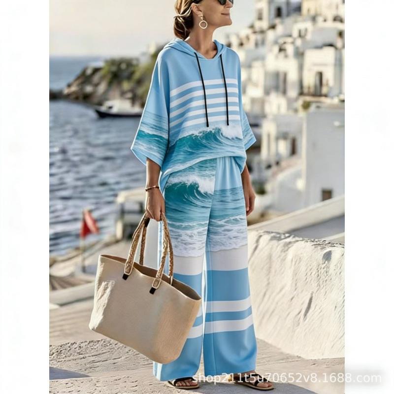 16 Women's Striped Casual V-Neck Hooded Drawstring Seven-Sleeve Wide Leg Pants Suit Vacation Bohemia