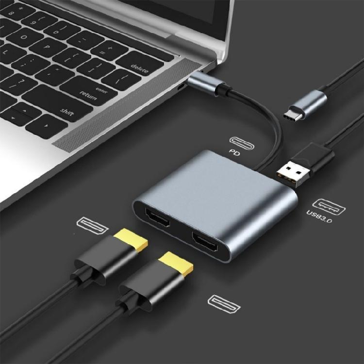 Алюминиевая USB-C док-станция-адаптер, двойной выход HDTV 4K 60 Гц, Type C на HDTV-разветвитель для двойных мониторов