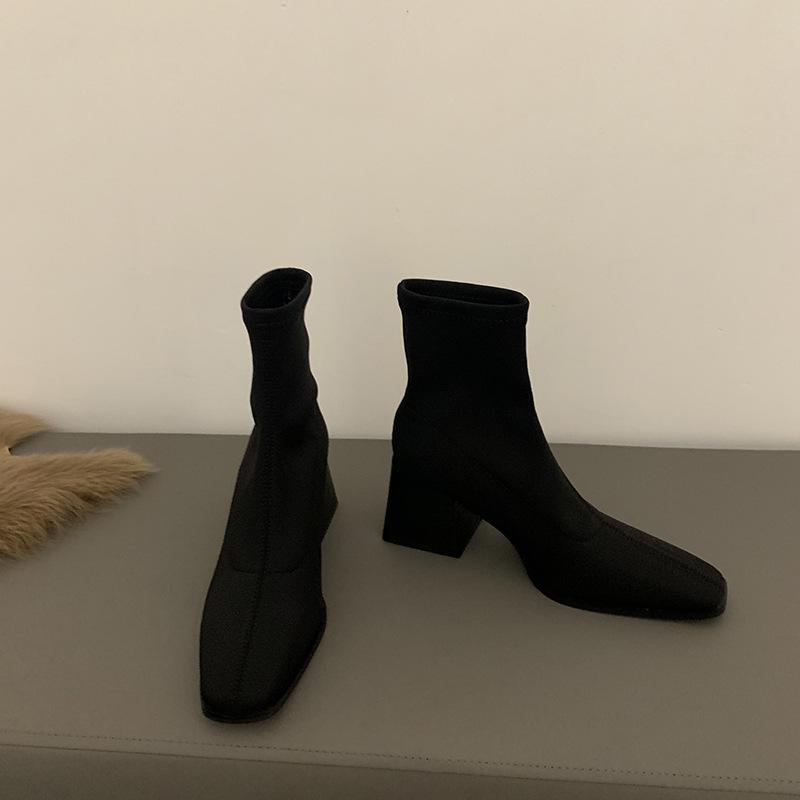 Ретро квадратная голова замша универсальные толстые каблуки увеличивающие рост тонкие короткие сапоги женские осень и зима