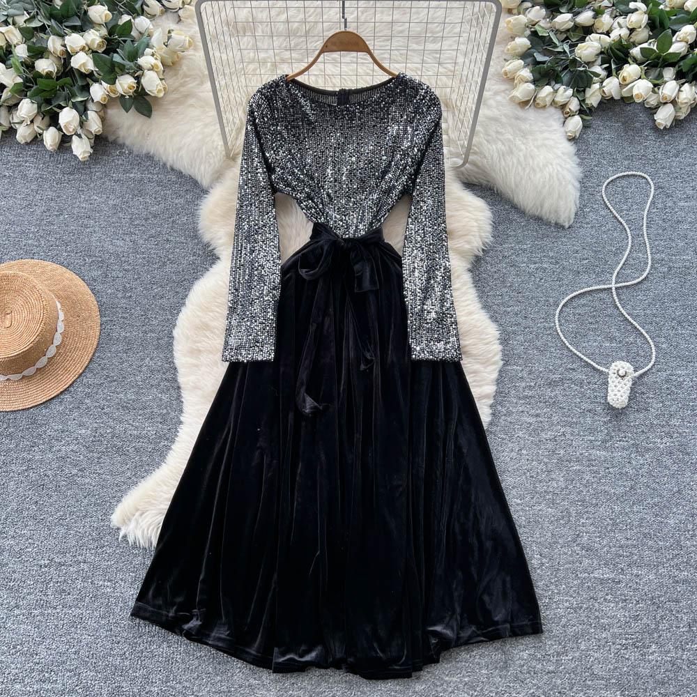 Шикарный Винтажный Велюровый Элегантный Наряд Феи с Длинным Рукавом Корейская Мода Осенняя Мода Платья Женская Одежда