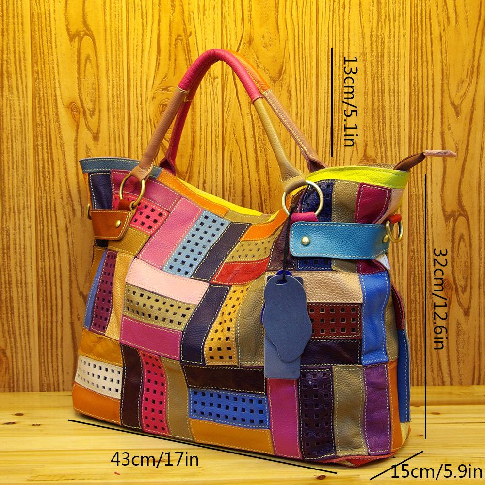 Genuine Leather First Layer Cowhide Personalized Design Contrasting Color Splicing Portable Crossbody Large Capacity Tote Women'S Bag