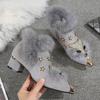 Winter Boots Womens Pointed Metal Ankle Boots Crystal Fox Pattern Women Metal Pointed Toe Glitter Fur Moccasins Bottes Femme
