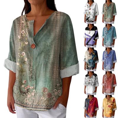 Женская модная повседневная блузка с V-образным вырезом на пуговицах и рукавом семь четвертей, с принтом, из хлопка и льна