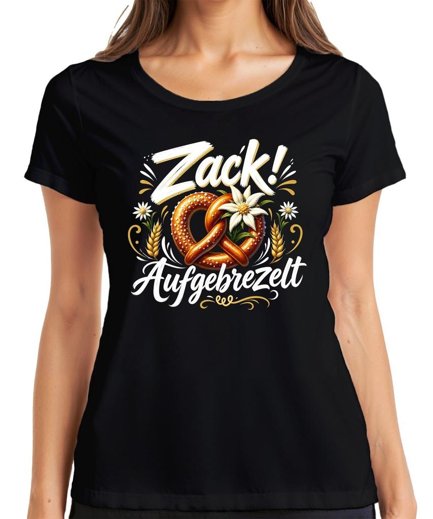 Zack! Prepretched Bavaria pretzel Oktoberfest costume shirt leather pants women's T-shirt