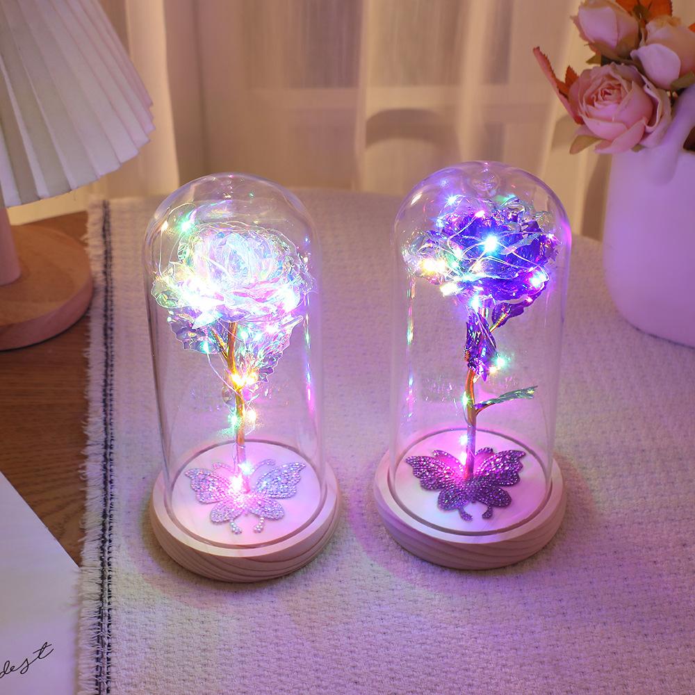 Gold foil flower glass cover with lamp, butterfly rhinestone rose lamp, Mother's Day Valentine's Day gift.