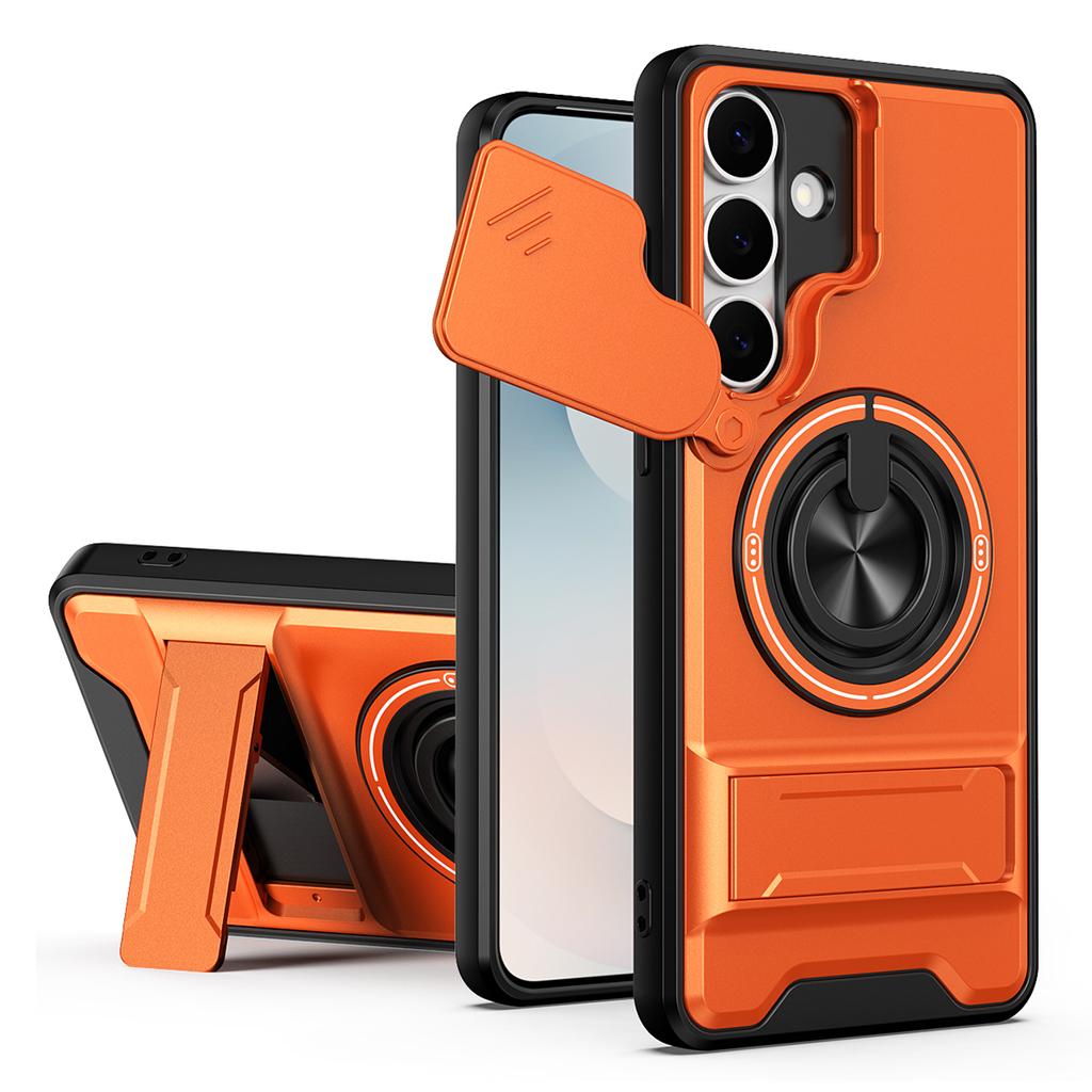 For Samsung Galaxy S25 FE Magnetic Case Ring Holder Foldable Kickstand TPU PC Phone Cover with Camera Lens Slider