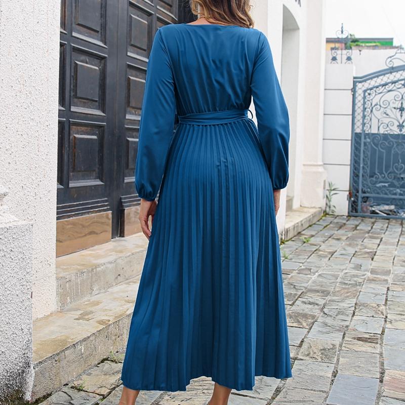 Женское осенне-зимнее темпераментное плиссированное платье макси с V-образным вырезом и длинными рукавами на шнуровке, S-XL