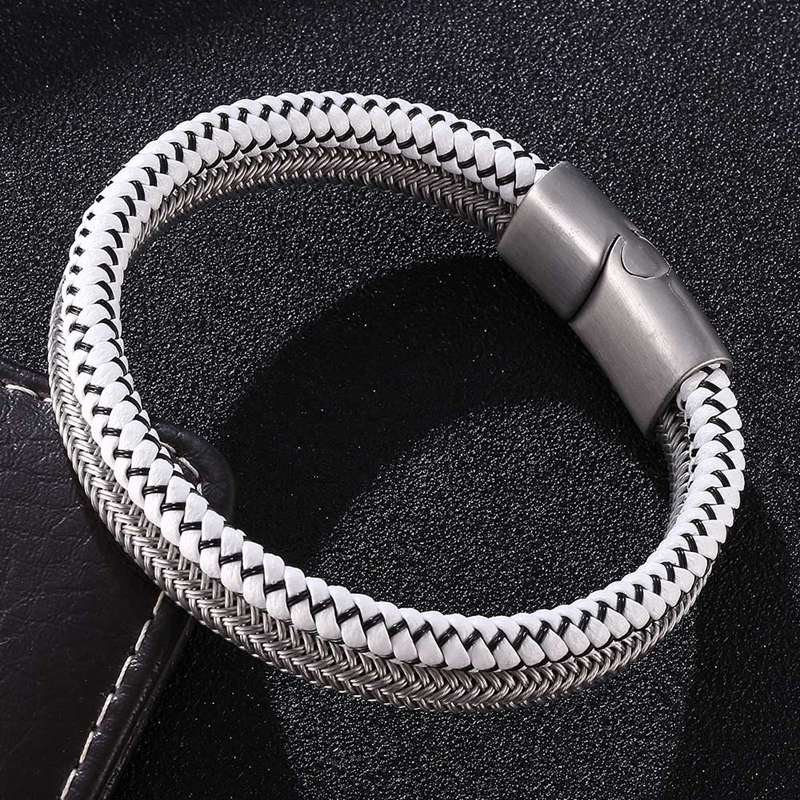 Панк-рок плетеные мужские кожаные браслеты модные браслеты из нержавеющей стали с застежкой двухслойный дизайн браслет