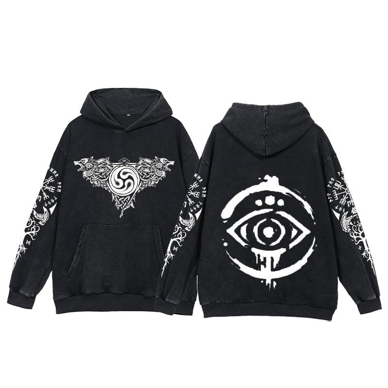 2024 Viking Hoodies Men Tattoo Print Acid Wash Hoodie Cotton Loose Long Sleeve Pullover Vintage Oversized Casual Hooded Sweatshi
