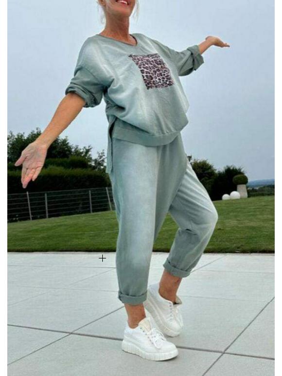 Женский осенний вязаный комплект с леопардовым принтом 2024: Европейский и американский повседневный комплект с круглым вырезом