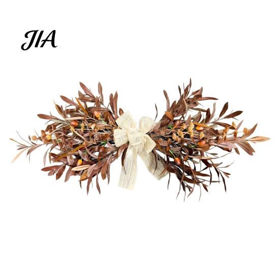 Full Artificial Autumn Wreath 23.6" Olive Wreath, Faux Fall Leaf Teardrop Swag, Door Hanger for Thanksgiving with Burlap Bow Front Door, Wall, Mantel,