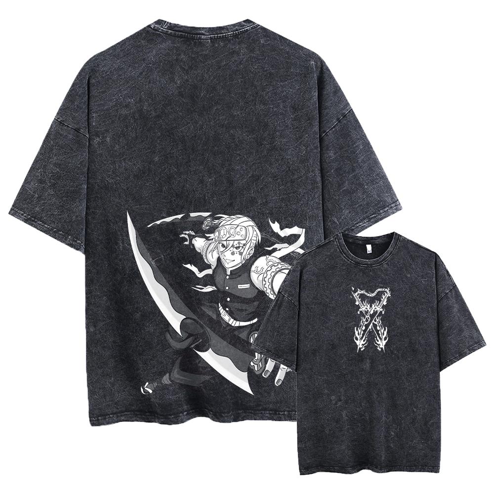 Мужская футболка Acid Streetwear, свободная футболка с японским аниме-графикой, летняя черная футболка с потертостями, хлопковые футболки Harajuku, топы