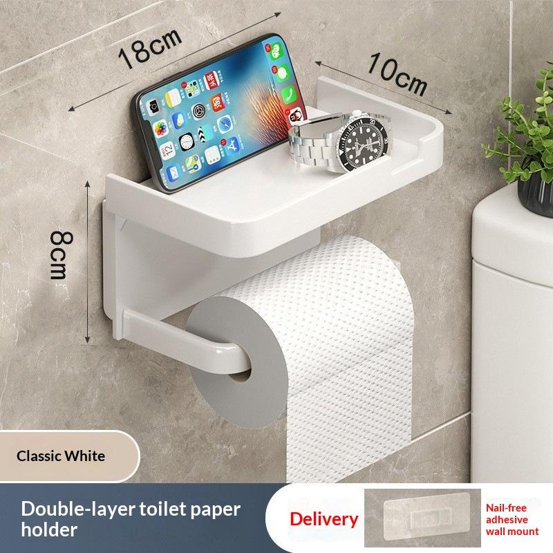 Toilet Paper Holder with Phone Shelf Adhesive No Punch Wall Mounted Tissue Rack for Hotel Bathroom Home Use