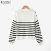 ZANZEA Осенние женские свитера и джемперы с круглым вырезом и длинными рукавами, повседневные вязаные свитера с полосатой текстурой