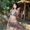 Thai sexy leopard print split swimsuit three-piece set hanging neck strap small chest gathering and thin hot spring vacation swimsuit