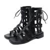 Retro Summer High-top Cool Boots Women's Roman Shoes Square Head Peep Toe Narrow Band Hollow Out Lace-up Zipper Mid Heel Sandals