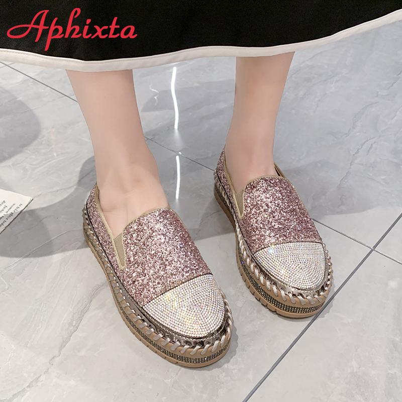 Fashion Aphixta Luxury Crystals Sequined Flat With Platform Shoes Loafers Flats Leather Couple Woman Students Shoes Plus Size 44