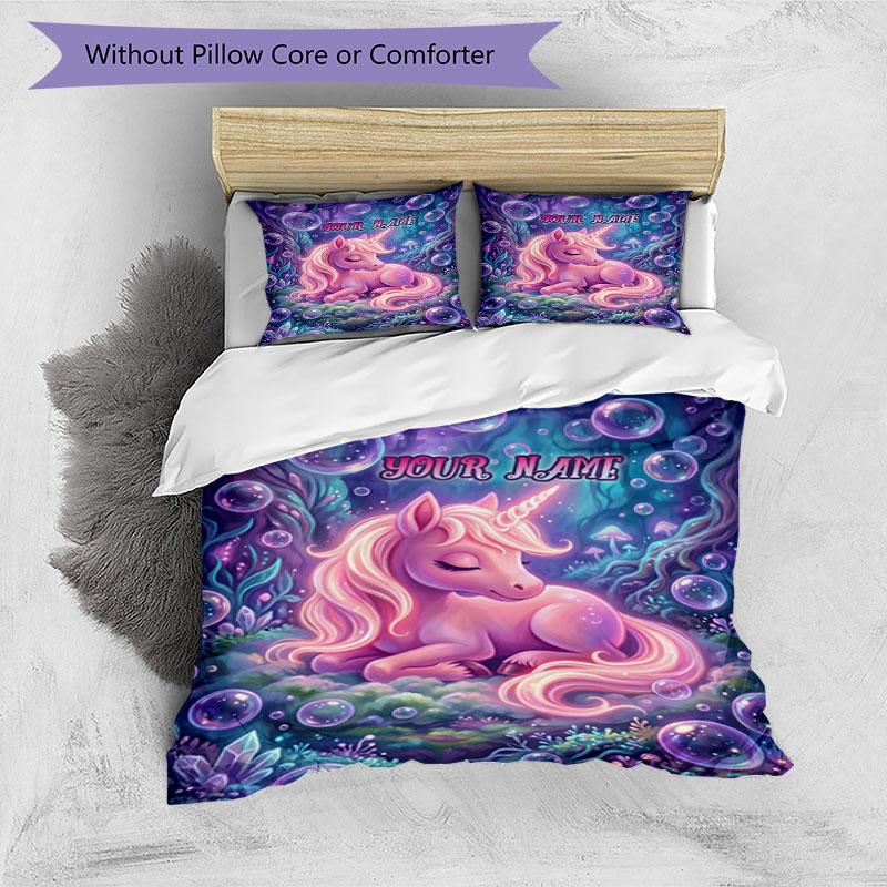 3PC Custom Name Fantasy Unicorn Dreamscape Bedding Set Duvet Cover Closure Includes 1 Duvet Cover & 2 Pillowcases for Bedroom