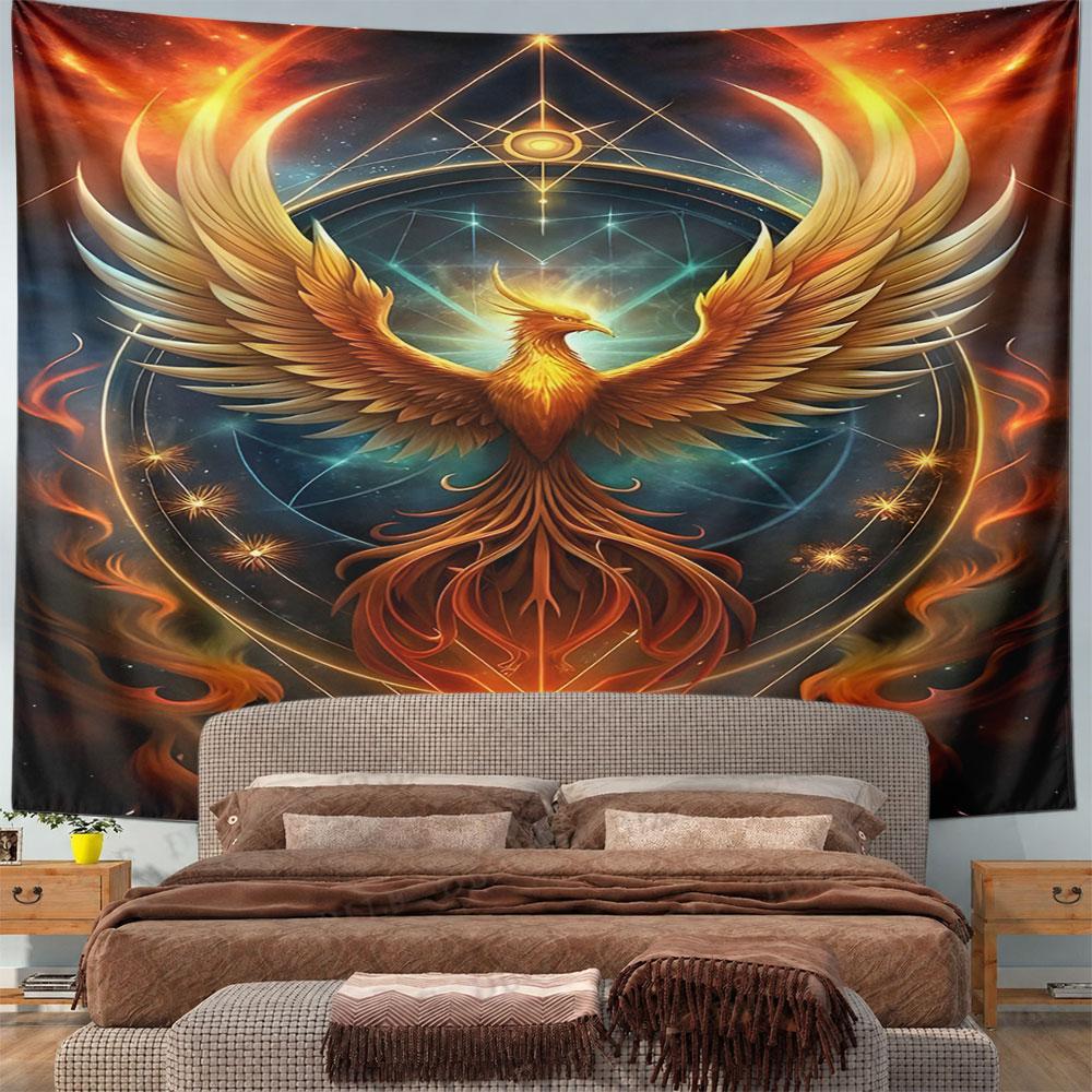 Fiery Phoenix with Geometric Glow Pattern Wall Hanging Tapestry Decorative Tapestry Home Decor for Bedroom and Living Room