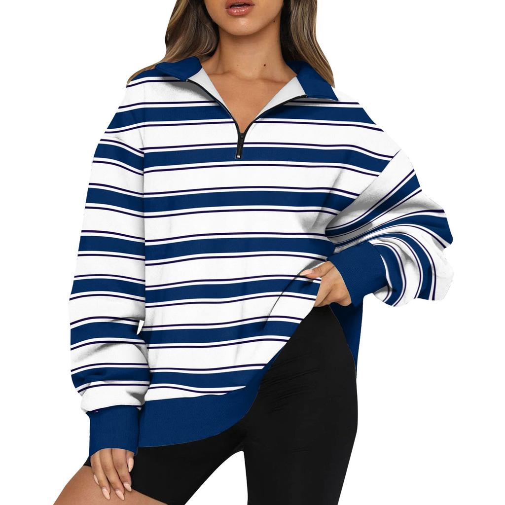 Women's Sweatshirt Fashionable Long Sleeved Striped Printed Half Zip Sweatshirt Top