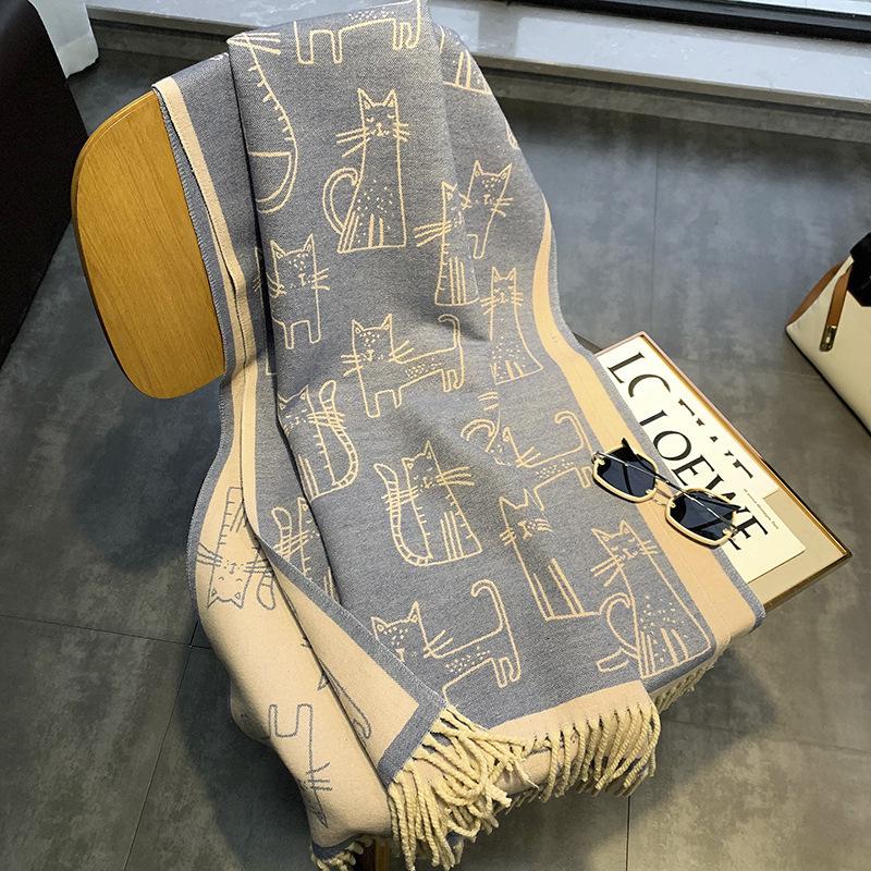 Cute Cartoon Cat Jacquard Scarf Imitation Cashmere Soft Warm Fringe Shawl Autumn Winter Coldproof Windproof Neck Scarf