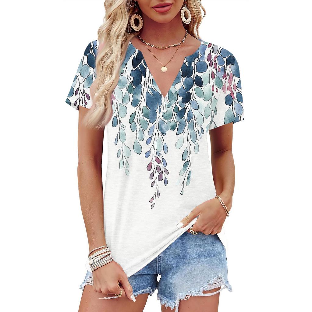 Женская летняя рубашка с коротким рукавом и V-образным вырезом с цветочным принтом, деловая повседневная свободная футболка, трендовая модная одежда, топы