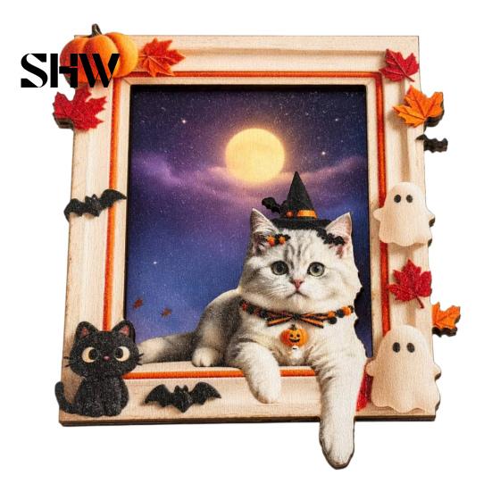 Halloween Refrigerator Magnets Cat Ghost Frame Fridge Magnet for Halloween, Retro Wooden Party Decor Magnet, Kitchen Decoration Accessories,