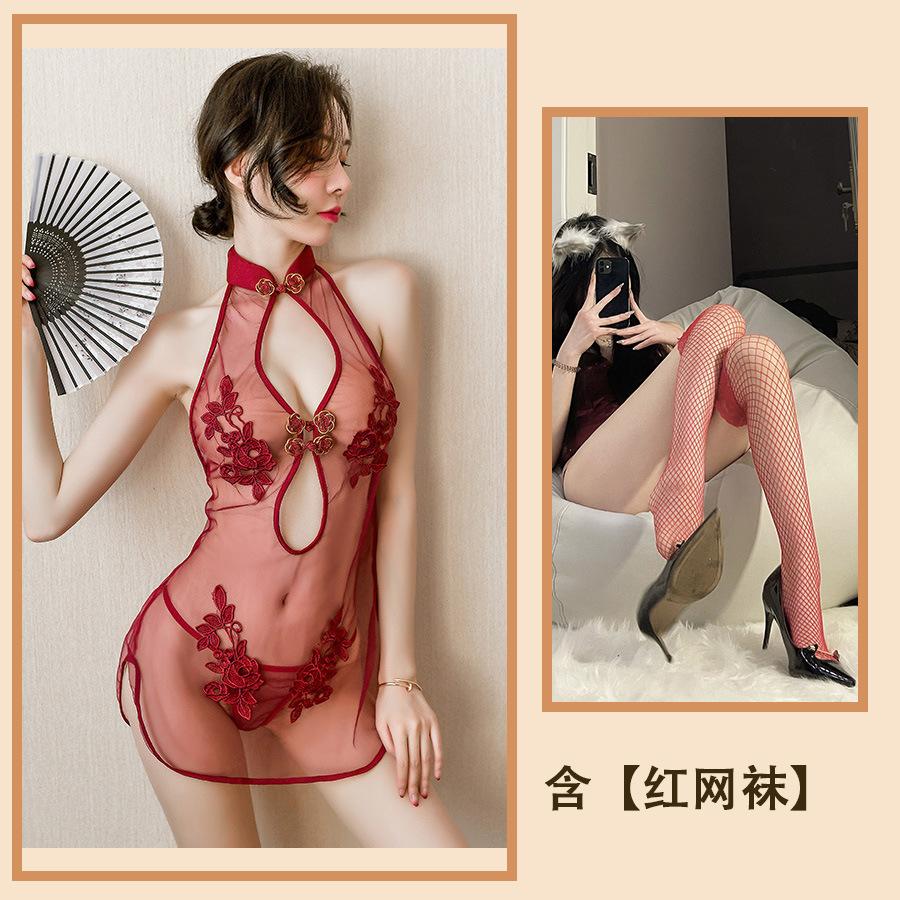 Sex lingerie sexy cheongsam women's transparent lace nightdress blood drops tease passion seduction suit
