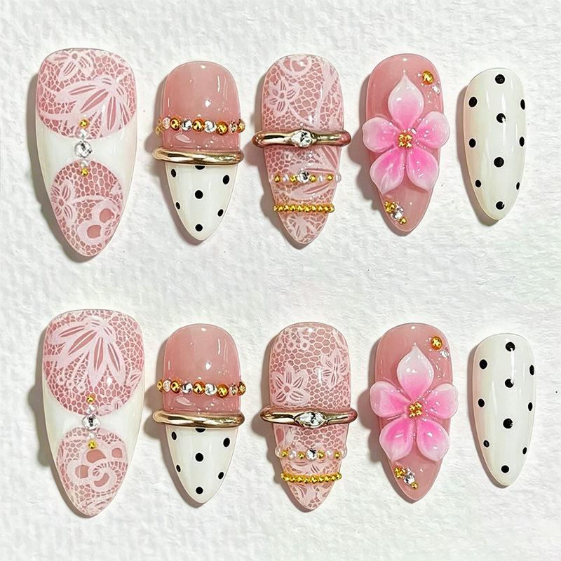 24Pcs Pink 3D Flower Star French False Nails Brown Stripes Retro Almond Press On Nails Sweet Acrylic Manicure