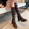 Fashion 2025 New Block Heel Women Knee High Boots,Front Cross Strap Long Botas,Winter Shoes,Square Toe,Size 35-40,Black Brown,Dropship