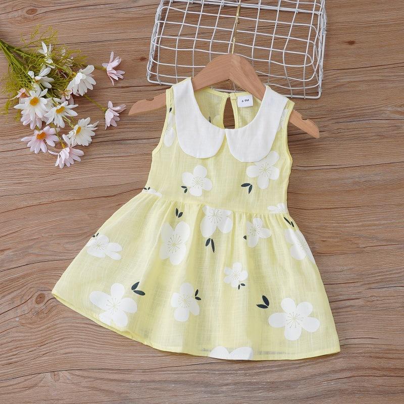 Girls Cotton Linen Sleeveless Dress with Peter Pan Collar Cute Floral Print Princess Vest Dress for Spring Summer