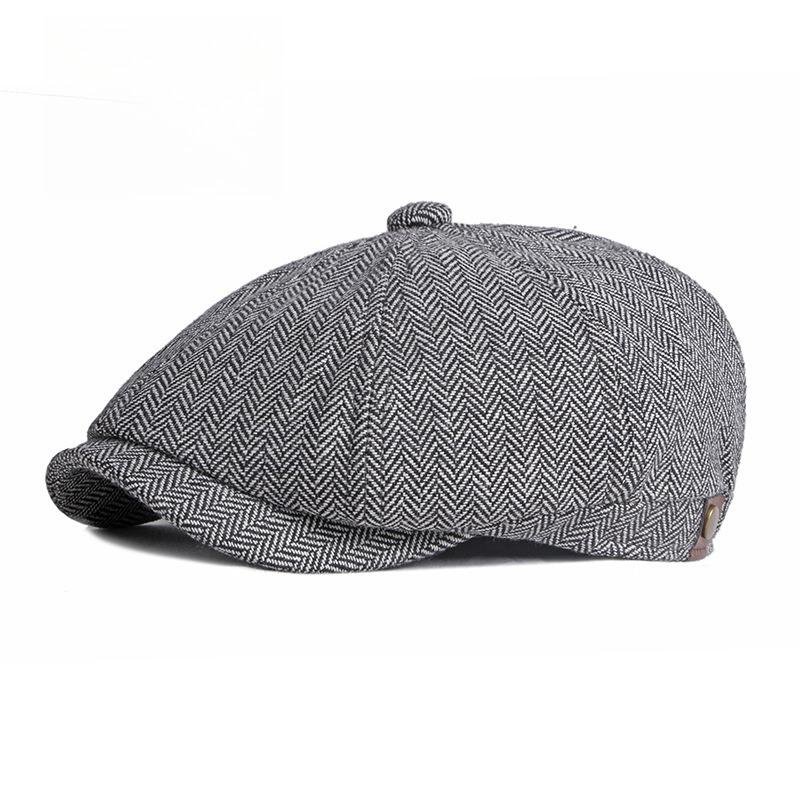 Men Herringbone Newsboy Cap with Leather Detail British Retro Octagonal Baker Boy Hat Spring Autumn Peaked Flat Cap Gatsby Beret