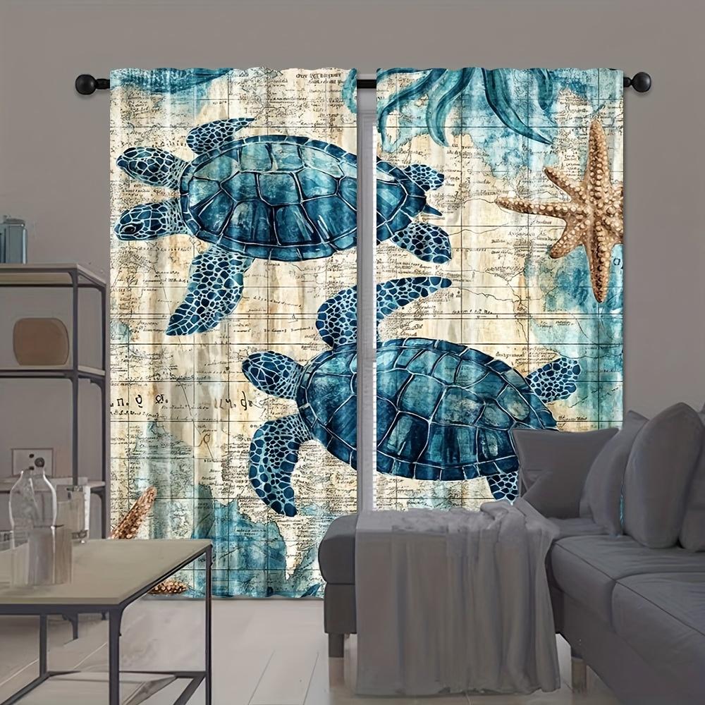 2pcs, Nautical Green Sea Turtle Curtains, Beach Theme Fabric Set with Blue Ocean Design, Ideal for Enhancing Coastal and Beach