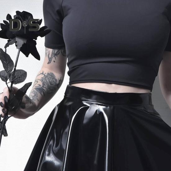 Женская мини-юбка с высокой талией, зеркальная глянцевая поверхность, короткая юбка из искусственной кожи, однотонная юбка-солнце