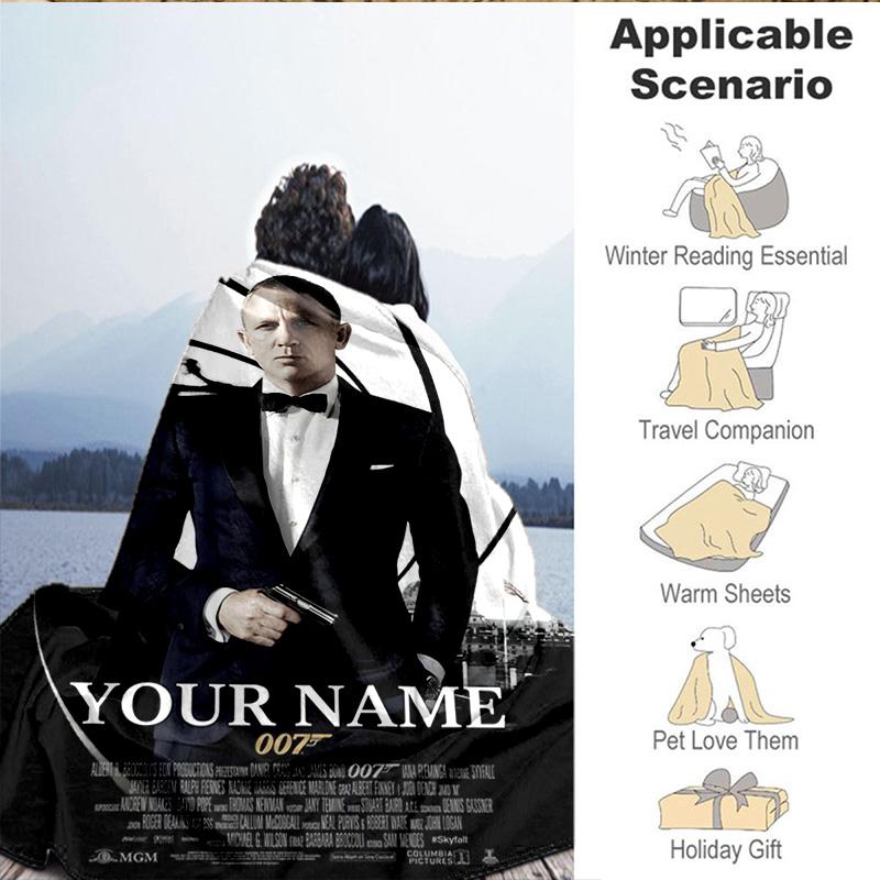 1PC Custom Name Blanket James Bond Movie Collage Flannel blankets Patterns Throw Blanket All-Season Soft Gift for Couch, Bed, Camping, Birthday gifts