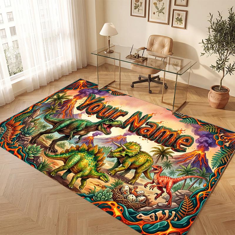 Dinosaur Theme Soft Crystal Velvet Rug Custom Name & Text Print Non Slip Floor Rug for Bedroom Living Room