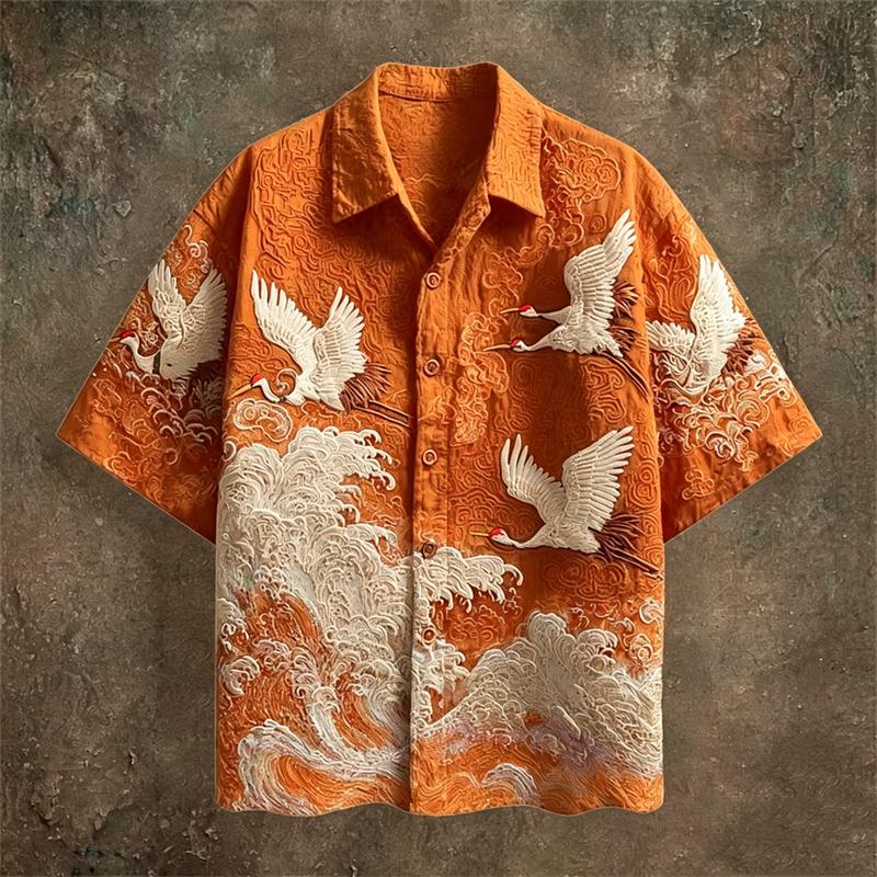 New Dark Green Embossed Dark Pattern Fabric with Flying Crane and Wave Printing for Men's Casual Short Sleeved Shirt