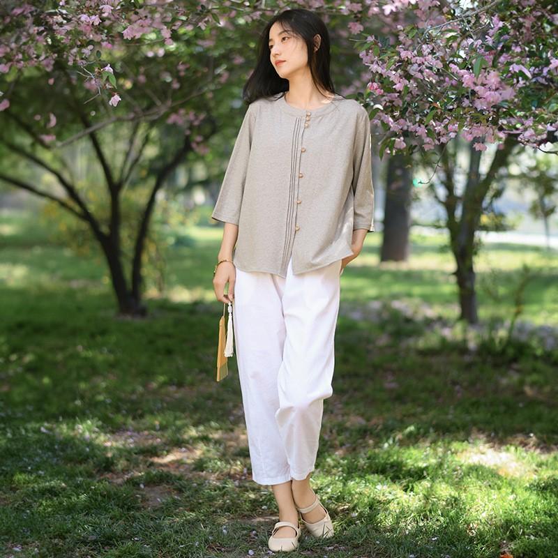 Johnature Женские трикотажные футболки, однотонные весенние повседневные футболки с круглым вырезом и семью рукавами на пуговицах